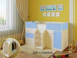 Кровать-чердак Малыш-4 Дуб молочный/Голубой в Солнечном - solnechnyj.mebel54.com | фото