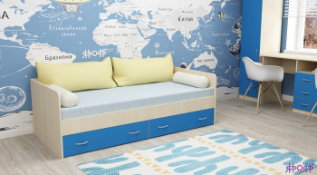 Кровать с выкатными ящиками Дуб молочный/Голубой в Солнечном - solnechnyj.mebel54.com | фото