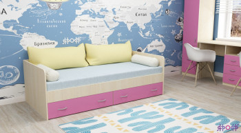 Кровать с выкатными ящиками Дуб Молочный/Розовый в Солнечном - solnechnyj.mebel54.com | фото