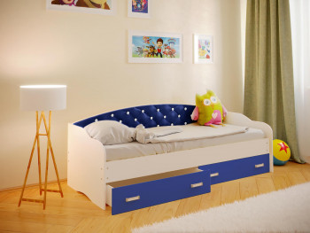 Кровать Софа-8 с мягкой спинкой со стразами (900х1900) Белый/Синий в Солнечном - solnechnyj.mebel54.com | фото