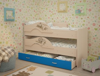 Кровать выкатная Радуга-Сафари детская 1600 Млечный дуб/Голубой в Солнечном - solnechnyj.mebel54.com | фото